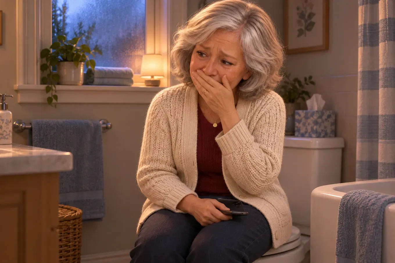 Grandma Carol sits in her bathroom with her phone in her lap and her hand over her mouth, crying quietly