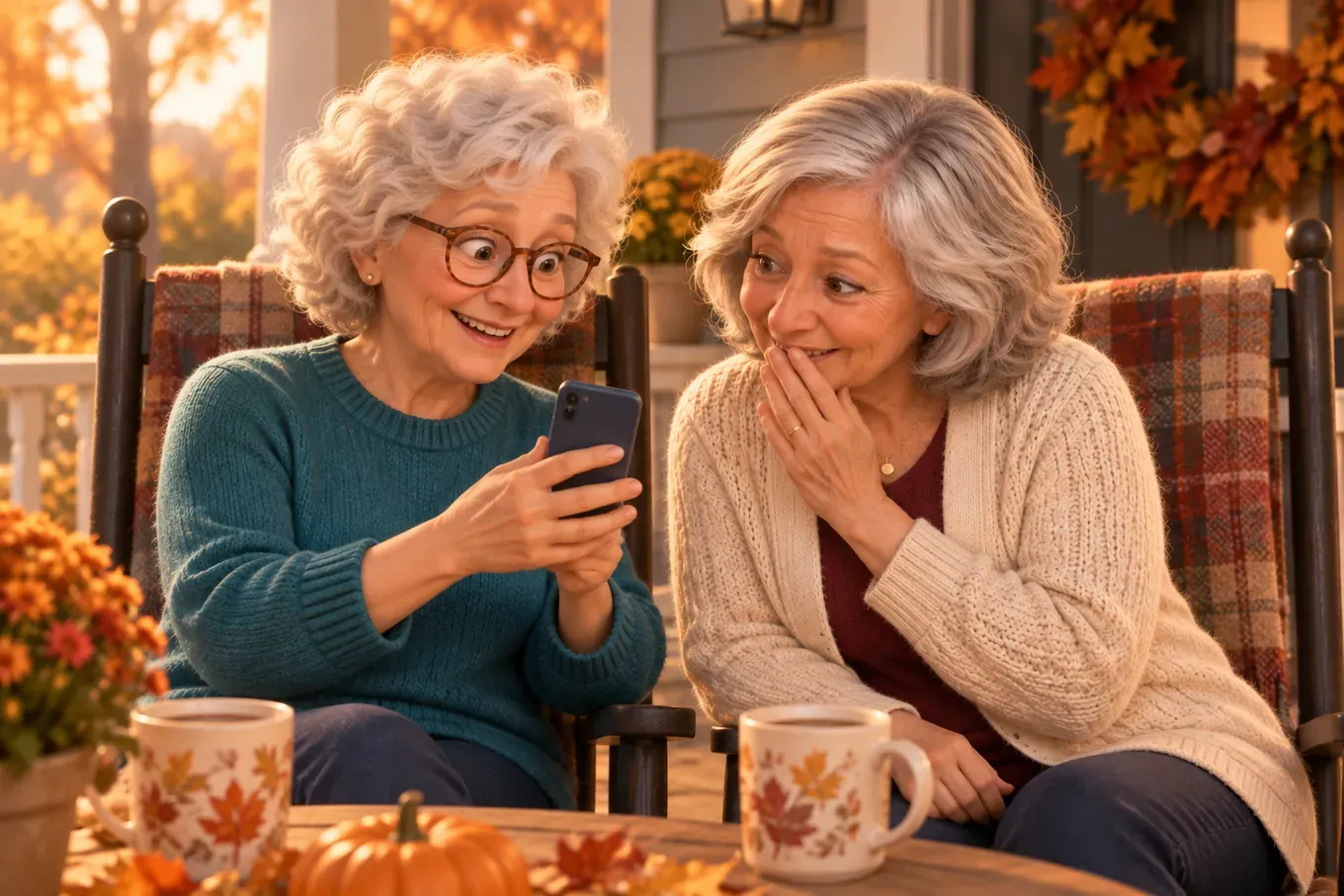 Carol’s friend Linda shows her a video on her phone on an autumn porch, Carol covers her mouth, touched