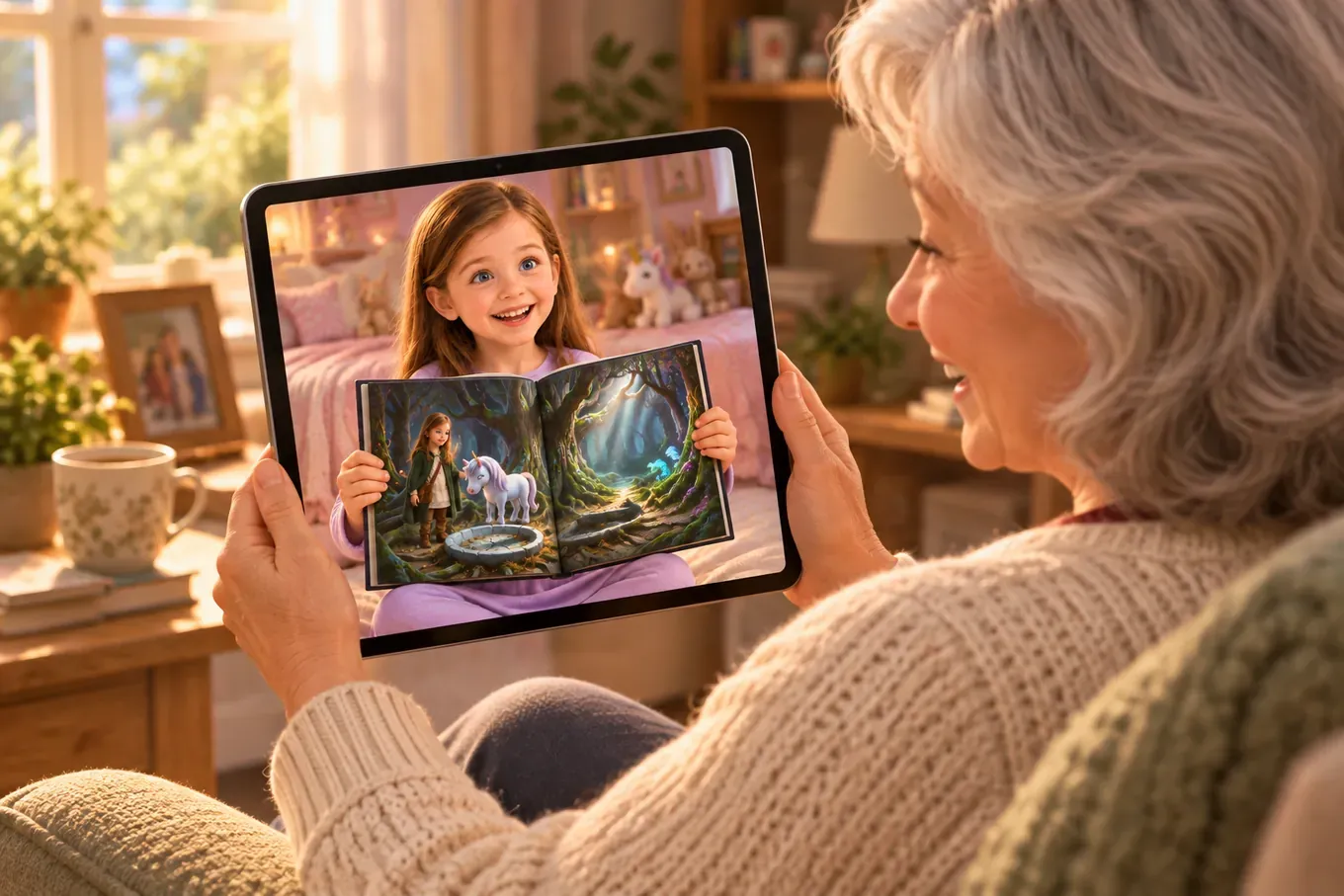 Over Carol’s shoulder: on a Sunday video call, Olivia holds up her open unicorn book and reads a page to her grandma